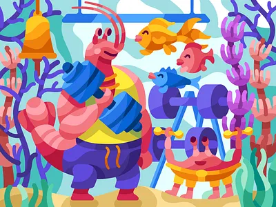 Underwater gym crab crabs design flat gem illustration gym gym people gym vector illustration painting sea sea creatures underwater vector