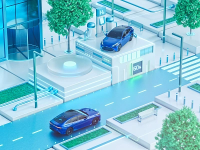 Hydrogen car 3d battery car cinema 4d city clean eco electric environment future futuristic illustration low poly nature roads skyscraper urban vehicle