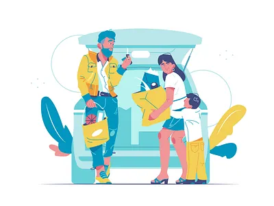 The family arrived and unloads the car app background branding business cartoon design flat hand illustration internet logo man person technology ui ux vector woman