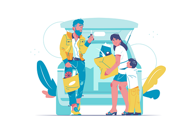 The family arrived and unloads the car app background branding business cartoon design flat hand illustration internet logo man person technology ui ux vector woman