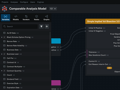 Financial Modeling canvas dark mode drag drop financial graphs groups icons iterators menu models nodes search tabs ui ux variables web app