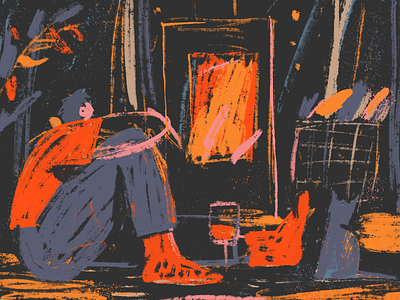 Autumn scene autumn cat fall family fireplace friends home illustration night pet relax rest sketch