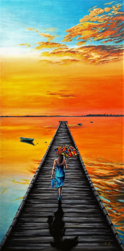 umbrella girl art artist color design drawing illustration painting realism sunset