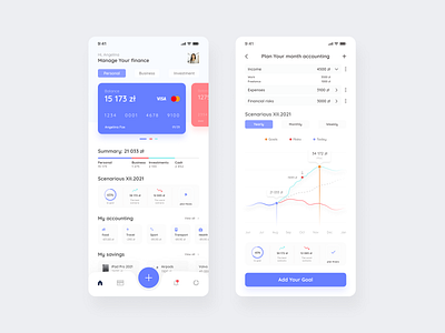 Manage future finance scenarios app app balance bank cards charts design finance fintech money ui ux