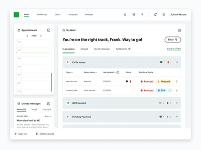 A personalized data integration tool concept accordion account appointments calendar dashboard design desktop filter menu messages navigation search table tags taxes tool ui work