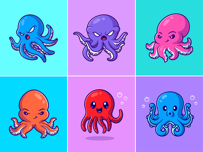 Octopus🐙🌊🐙 angry face animal colors custome animal cute deep sea face expression icon illustration logo ocean octopus sea silly face tentacles wild animal