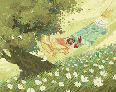 Wind character childhood flower girl grass illustration quilt tree wind