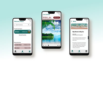 Surf Mobile App with Weather, Camera and News Features app beach designer news ocean summer surf surf conditions surfer surfing ui designer uxui weather