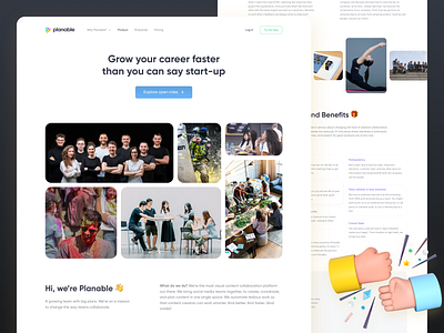 Planable - Carrer page 3d carrer components content cta dashboard editor emoji grid hands illustration images page photos playfull product design social media team team members web design