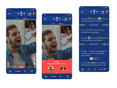 "SYT" App UI Design - Feed w/ live stream, Activity Screen. appdesign appui battle challenge coins compete friends karaoke karoke mobiledesign music music app playlist song songs soundcloud spotify tiktok