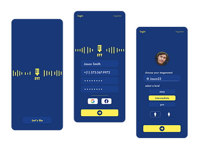 "SYT" App UI Design - Splash Screen, Login, Registration. adobexd app design battle bet challenge coins contest dance karaoke karaoke app music playlist sing sound