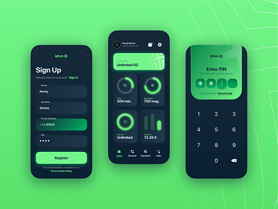 iplus - UX/UI design for Telecommunication App 📱 app cellular data usage design figma graphic design mobile pin sign up telecom telecommunication ui ux