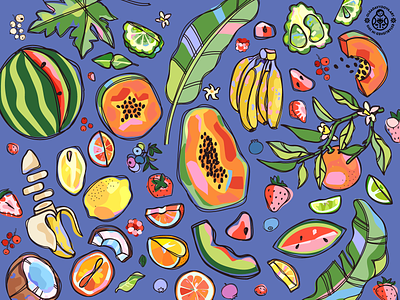 Food Illustration Collection banana bergamot berries flat food fruit illustration leaf lemon orange papaya pattern strawberries vector illustration watermelon