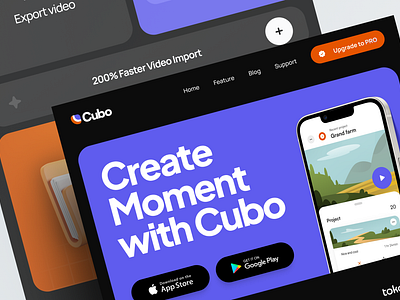 Cubo ✌ - Landing Page Showcase android app app application design desktop iphone app landing page material design 3 minimalist rounded simple ui ux video editor web design website