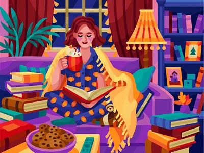 Autumn mood autumn coloring book cozy flatdesign gallery game illustration helloween home illustration interior pajamas pumpkins reading vector vector illustration warmhome
