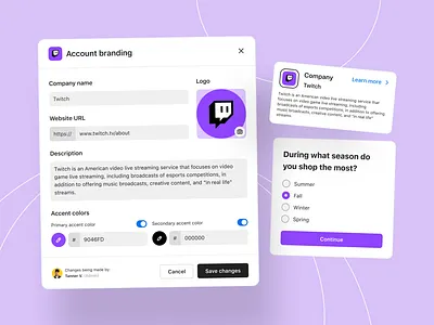 Account branding exploration 🎨 accent account admin amazon app avatar brand branding color wheel customization dscout hex modal north face profile picture research researcher settings twitch web