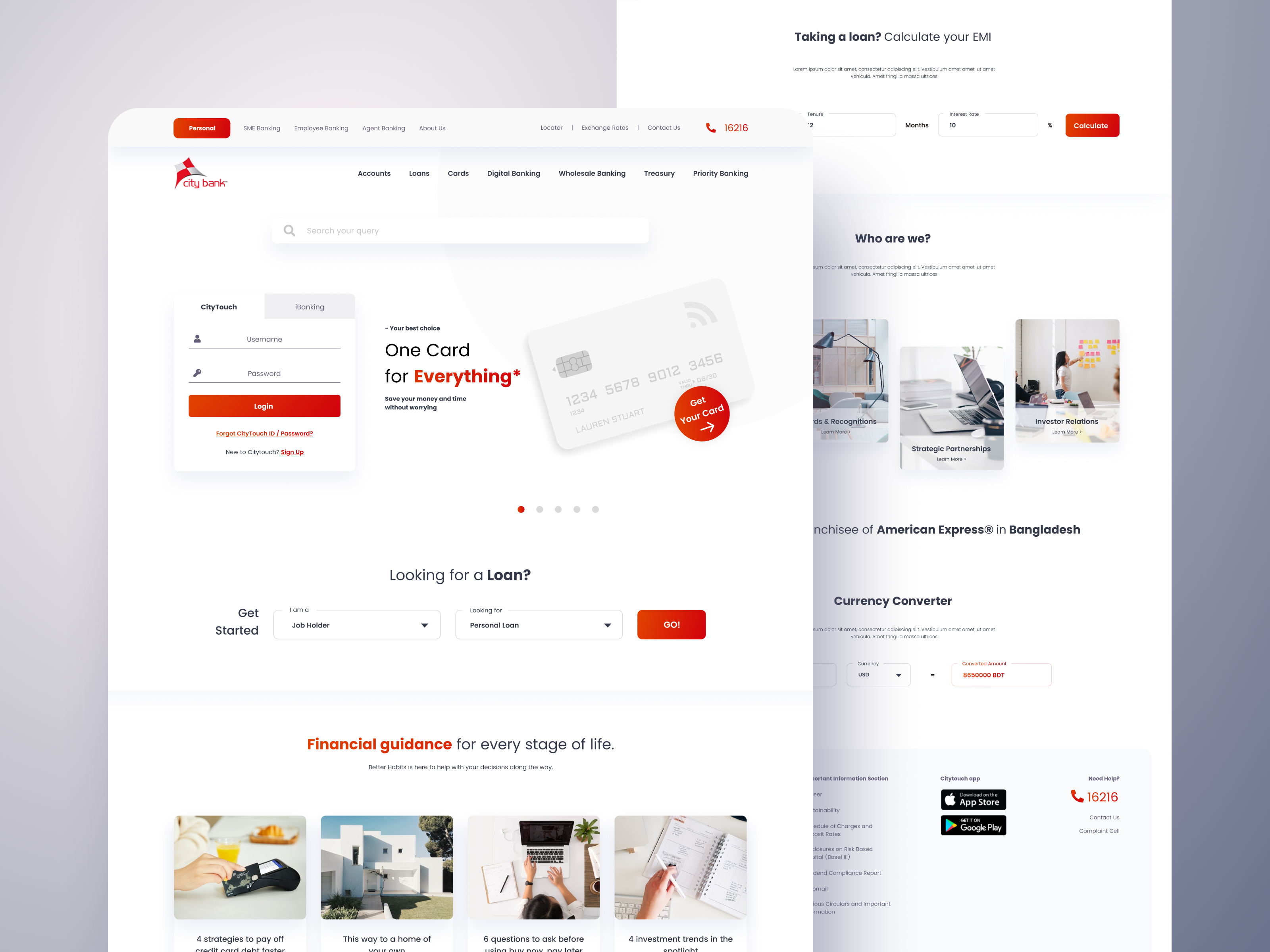 Bank / Finance Landing Page - City Bank app bank bank app banking app card design clean ui credit card finance finance app finantial app fintech hero section investment landing page minimal ui modern ui top navigation ui ux web ui