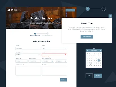 CNS Alloys :: Product Inquiry calendar factory form form fields industrial industry metal navy popup product inquiry products web website