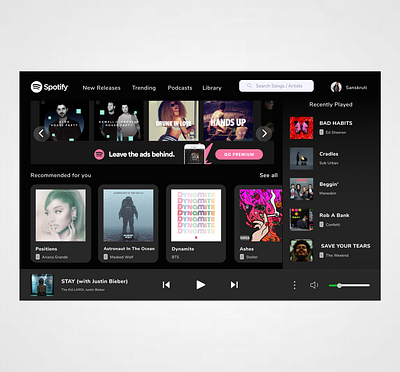 Redesigned Spotify UI appdesign design interface musicapp musicplayerapp songsapp songsplayer spotify spotifyui ui uitrends ux webdesign