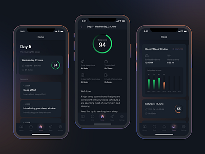 🌙 Dawn.health — App UI app application chat coach dark dashboard dawn diary health insomnia lessons orange purple score sleep sunrise tracking ui ux well beign