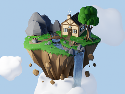 Floating Island 3D 3d blender blue brown clouds design floating grass green house inspiration island river rock rocks sky smoke tree waterfall