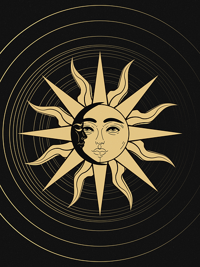 Golden Sun & Moon Illustration Contrast adobeillustrator black blackbackground contrast design gold golden illustration moon sun texture vintage wallpaper yellow