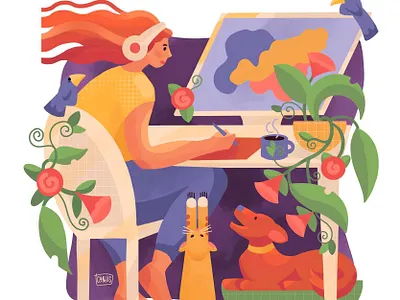 WFH With Pets - Graphic Designer art design graphic design illustration ipadart pets process proreate sketch wfh working from home