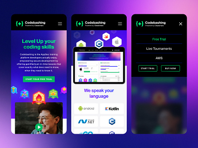 Gamified Developer Training - Marketing Microsite achievement appsec badges coder free trial gamification gamified learning landing page level up microsite mobile app mobile ui tournaments training ui ux web web design web marketing web page