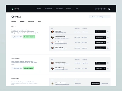 Nook • Members Settings buttons cards dark design system dropdown filters finance fintech menu navigation preferences saas search settings table tabs team team management user profile users