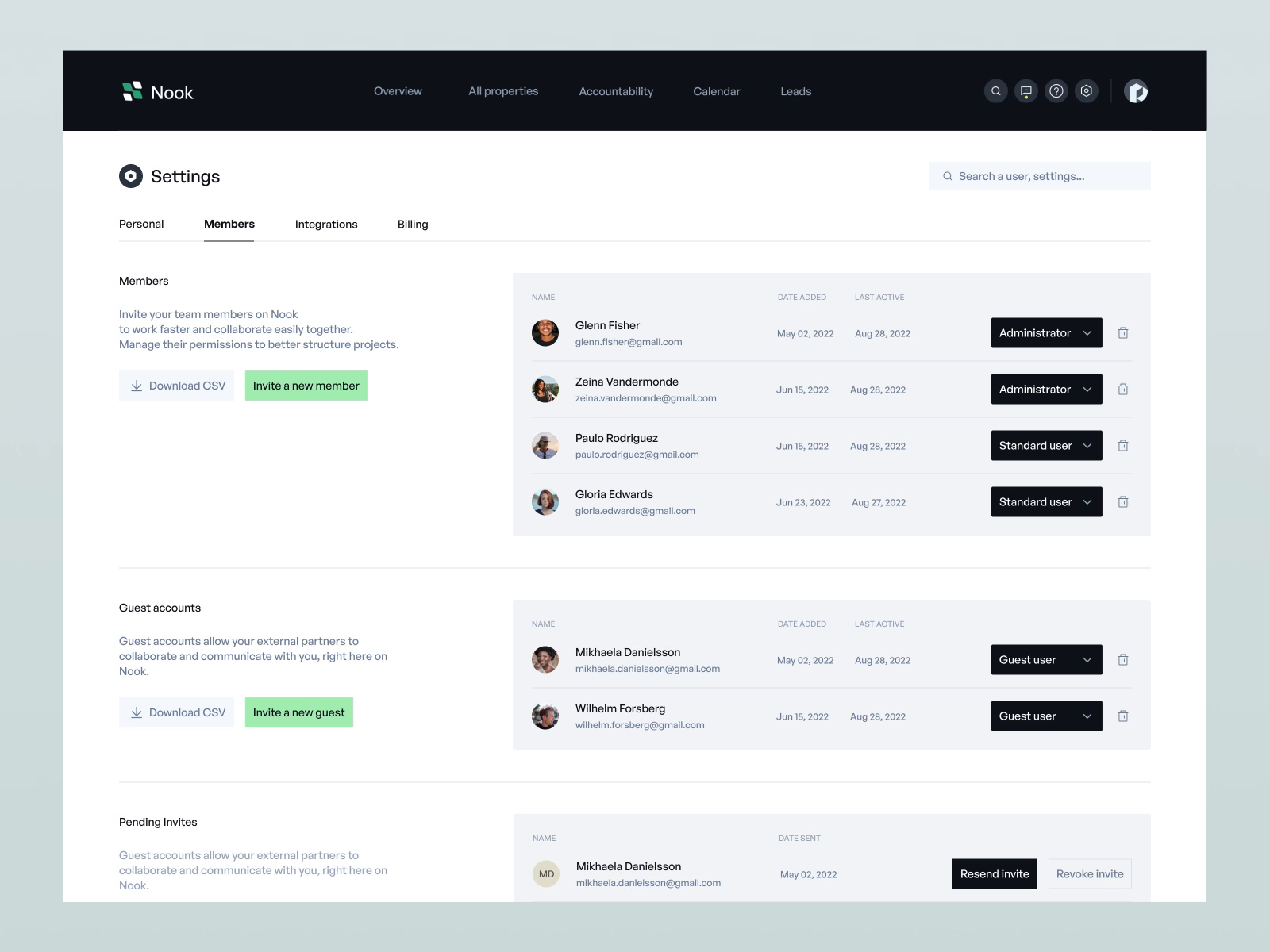 Example of Nook • Members Settings