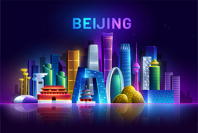 Beijing cityscape panorama art asia beijing china chinese city cityscape game hometown illustration landmark light neon night night city skyline synthwave temple town traditional