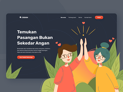 Jodoh - Dating Landing Page 2021 clean dating design figma figmadesign illustration landingpage love match night nightmode ui uiux website