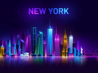 New York Cityscape Panorama america american bridge building city cityscape game ui hometown illustration neon neon city new york night panorama skyline statue of liberty timesquare tower town ui