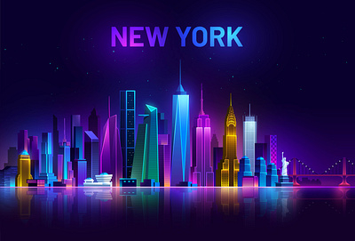 New York Cityscape Panorama america american bridge building city cityscape game ui hometown illustration neon neon city new york night panorama skyline statue of liberty timesquare tower town ui