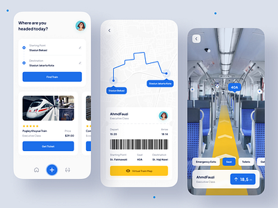 AR Train Ticket - Mobile App🚆 ar augmented reality blue clean design flat maps minimal minimalist navigation navigation bar scan app scanner ticket train train ticket ui virtual reality vr white