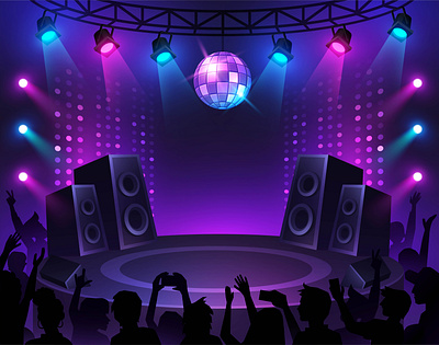 Music Stage audience backdrop concert dance disco disco ball game game ui illustration light music stage perfomance podium show show time singer spotlights stage ui vector