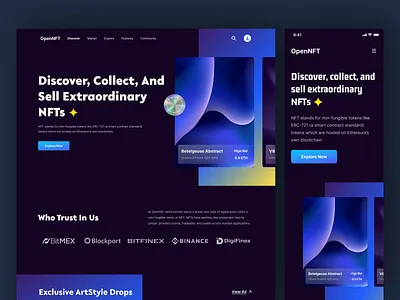 OpenNFT - NFT Header blockchain clean crypto cryptocurrency dark darkmode design landing page nft ui ui design ux web design website