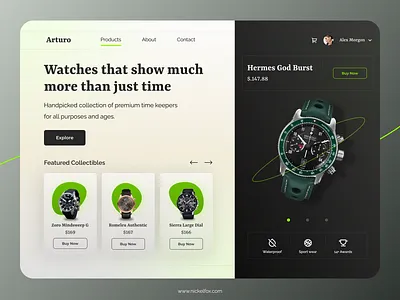 Premium Watches Landing Page branding cards clock color design green hero section illustration landing page landing screen logo product product design time typography ui ux watch web website