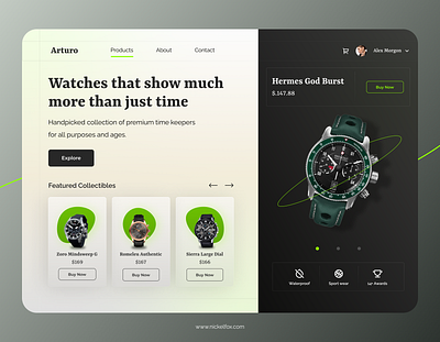 Premium Watches Landing Page branding cards clock color design green hero section illustration landing page landing screen logo product product design time typography ui ux watch web website