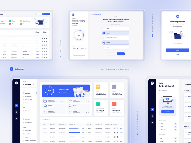Datacapt App Interface 10clouds app charts clinical trials dashboard health healthcare illustration interface medical medical research onboarding product design questionaire stats survey ui ux web app