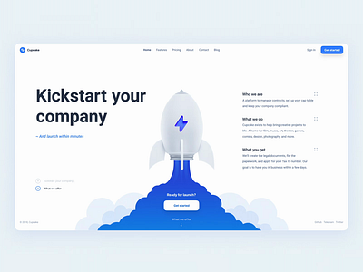 Cupcake - Startup Accelerator 3d agency animation blue company cta features illustration kickstart kit landing launch page rocket smoke space startup ui web website