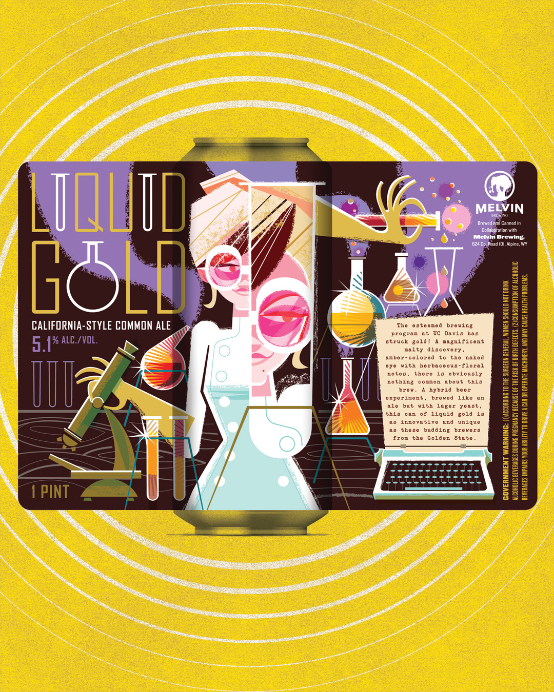 Liquid Gold beer can beer label chemistry custom type illustration mad science mid midcentury scientist