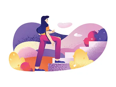 The path to the goal achievement bushes design flat girl goal illustration ladder landscape pink textures young woman