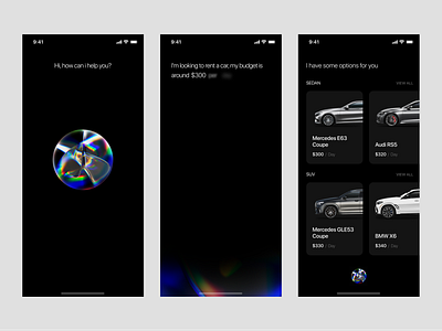 Virtual Assistant - UI/UX Design ai artificial intelligence b2c cars dark glass mobile mobile app product product design rent sphere ui ui design ux ux design virtual assistant