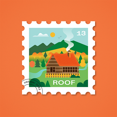 #13 Roof autumn chimney flat forest graphic design house illustration inktober mountain mountain view postage stamp roof smoke stamp vector village