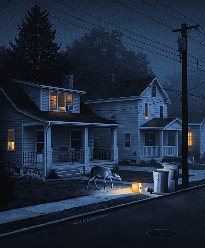 A Shiny Object deer fox giclee house illustration moody neighborhood nicholas moegly night nighttime nostalgic poster