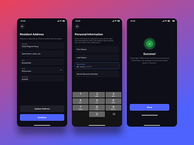 Identity verification. Resident Address & Personal info. Motocho blockchain coinbase crypto date of birth dob finance fintech id verification identity verification interface ios mobile product design resident address residential address revolut robinhood social security number ssn ux