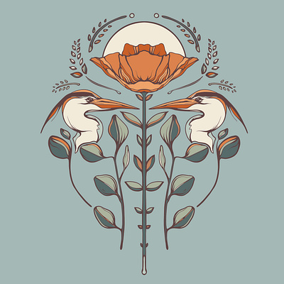 Heron & The Poppy bird boho botanical branding california crane design flower heron illustration leaf logo plants poppy poppy flower poster art poster design posters vector