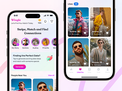 Wingle - Dating App appdesign creativedesign datingdesign datinginnovation findyourmatch innovativeui love loveconnections matchmaking meetnewpeople minimal ui minimalui mobileapp onlinedating perfectmatch sharingapp swipematchchat uiux uxdesign