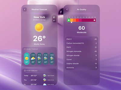 Weather Pet - Glassmorphism UI airqualityapp appdesign blureffect cleandesign forecastapp glassmorphism glassui gradientdesign neumorphism softui transparency uidesign uiuxtools uxdesign visualdesign weatherapp weatherappui